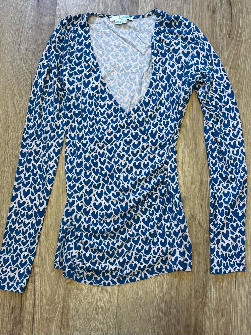 Boden Blue Abstract Heart Print Faux Wrap Ruched Jersey Top 2R